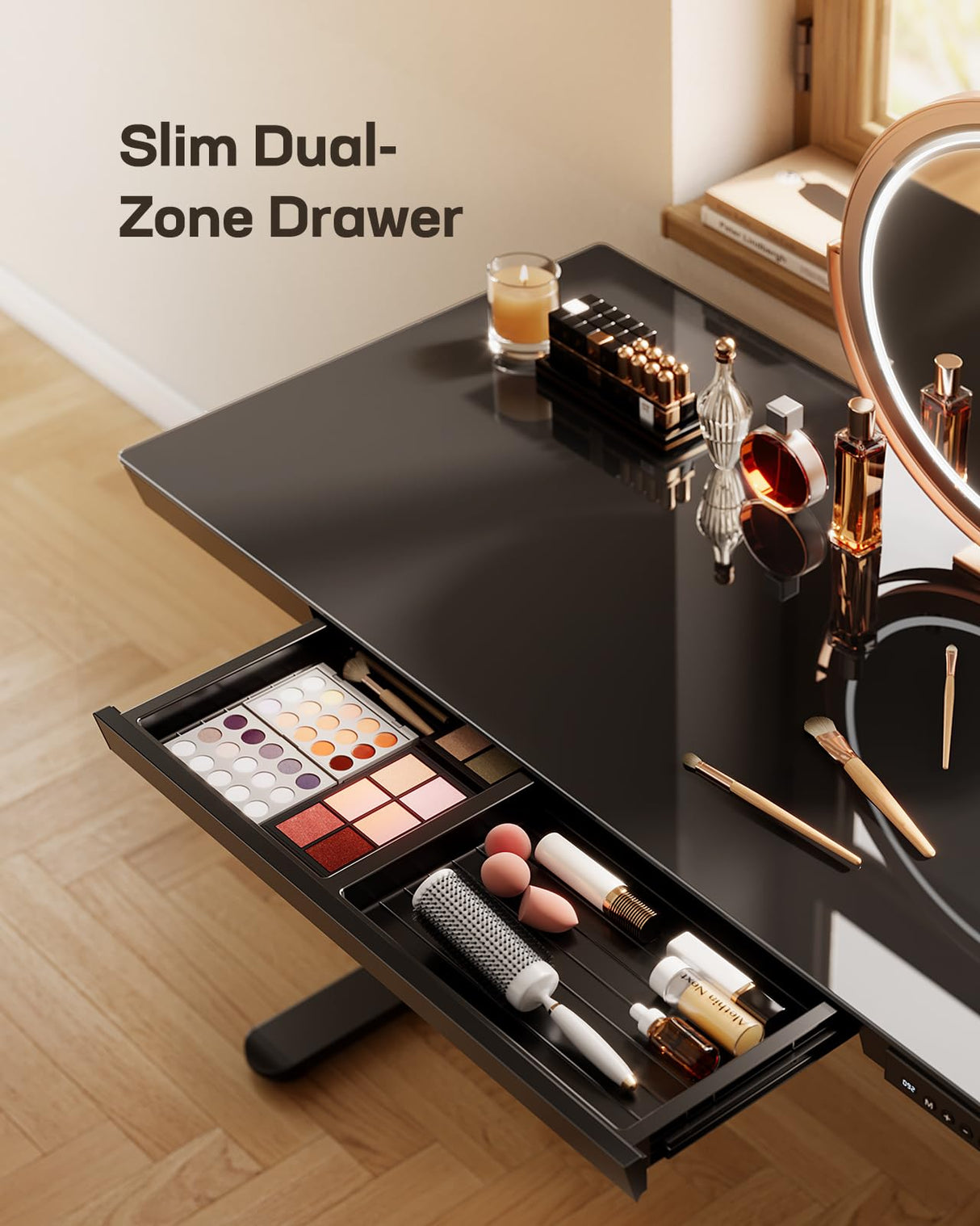 Marsail Glass Standing Desk with Drawer, 48 x 24 inch Electric Standing Desk, Height Adjustable Desk with One-Piece Tabletop & USB Charging Ports, Sit Stand Desk with Storage for Home & Office Black Marsail