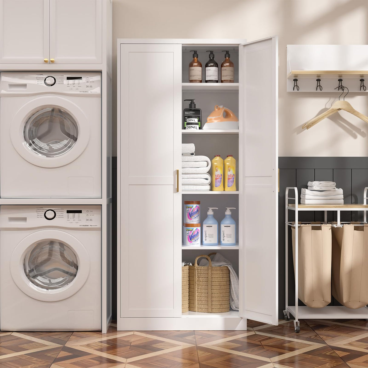 Kitchen Pantry Cabinet,71”White Metal Pantry Storage Cabinet with Doors and 4 Adjustable Shelves,Kitchen Cabinet with 2 Gold Handles,Tall Cabinet for Livingroom,Pantry, Bathroom,Kitchen SteeLoong