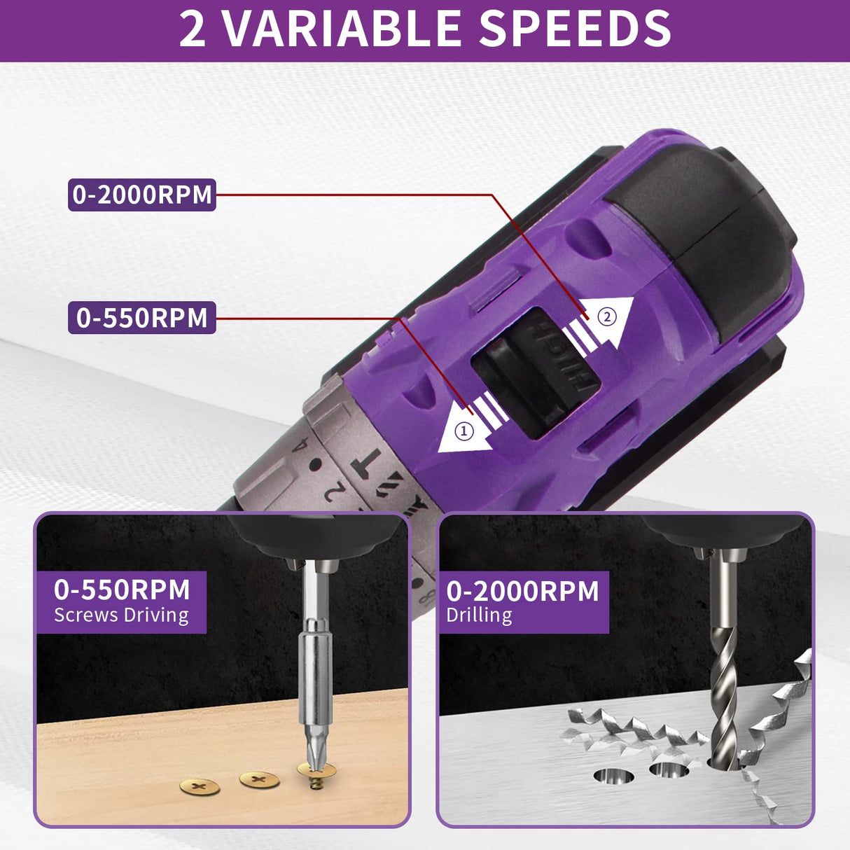 Brushless Cordless Drill Set, 20V Compact Power Drill Driver, Purple Brushless Electric Drill Motor, 20+3 Torque Setting, 48 N.m, 2 Variable Speed, 23pcs Drill/Driver Bits, with Tool Box BURGARDEN