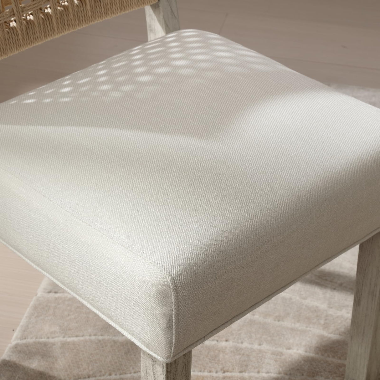 LZAREAL Farmhouse Dining Chairs Set of 4 Linen Fabric Upholstered Accent Side Chair, Mid Century Modern Kitchen & Dining Room Chairs with Woven Rope Back for Home, Living Room, Bedroom - White LZAREAL