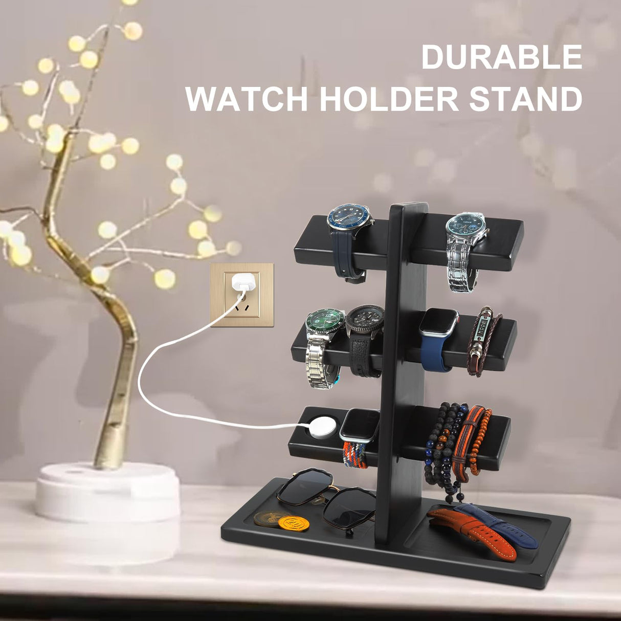 Xnwouco Watch Stand for Men, Watch Display Stand with Charger Groove, Wooden Watch Holder Stand, Jewelry Holder Organizer for Rings, Jewelry, Coins Bracelets, Great Gifts for Men Women, Black Xnwouco