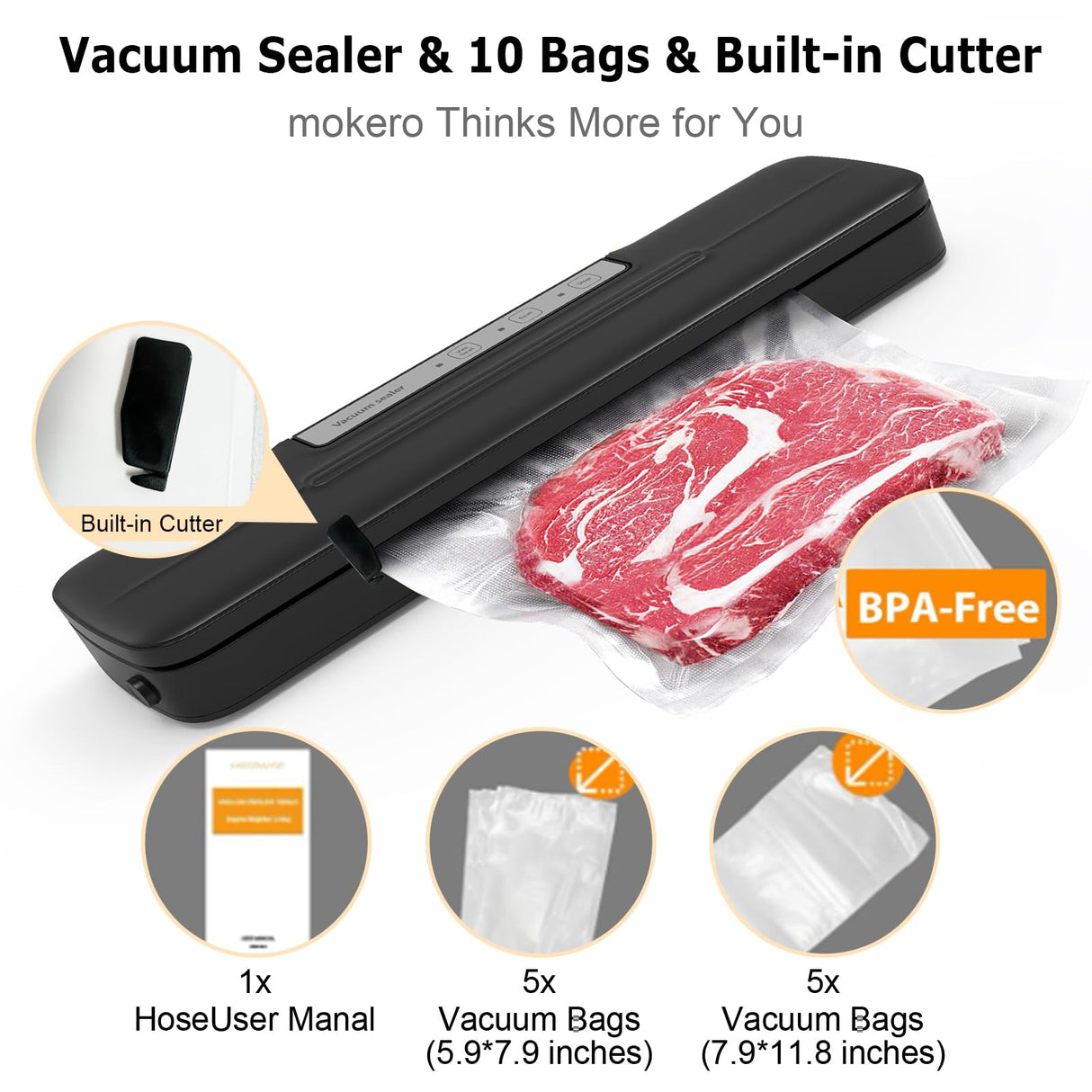 mokero Vacuum Sealer for Food Compact Meal Meat Vacuum Sealer Machine with 10 Seal Bags and Cutter Automatic Vacuum Air Sealing System for Dry Moist Freezer Food Storage mokero
