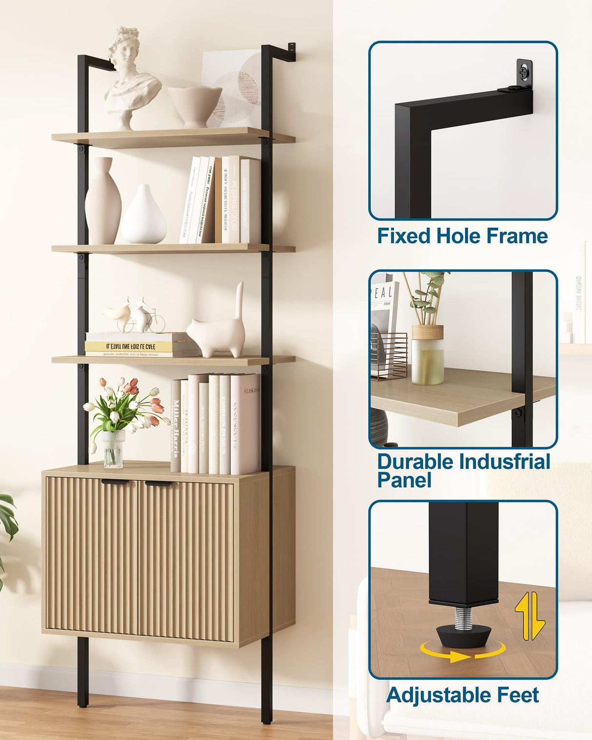 Yusong 73" Tall Bookshelf with Cabinet, Industrial Ladder Wall Mount Shelf Bookcase with Wood and Metal Frame, Plant Shelf Wall Storage Display for Living Room Bedroom, Wavy Light Ivory Yusong