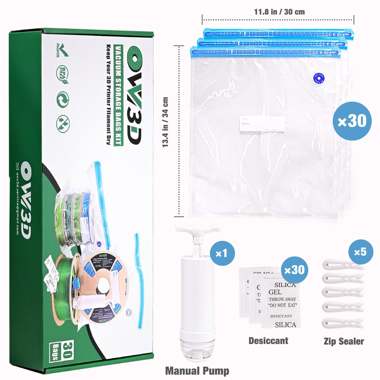 OVV3D Filament Storage Bags Kit 66pcs, 3D Printer Filament Storage 30 Bags Vacuum Sealed Kit with 30pcs Desiccant, Hand Pump, Perfect for 3D Filament Storage or Using After Filament Dryer Box OVVNYXE