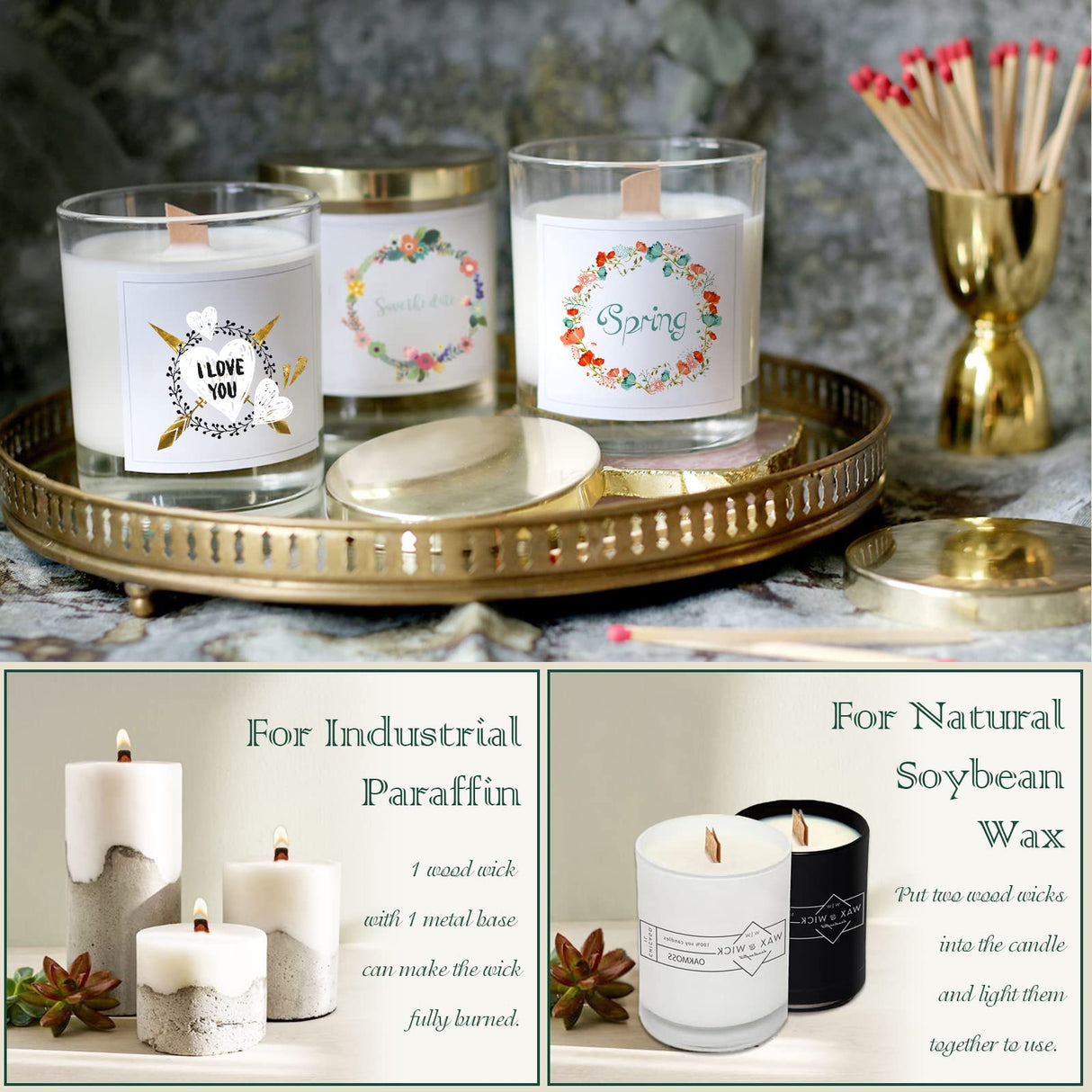 ZYNERY 100 Set Wood Wicks for Candles Making, Crackling Wooden Candle Wicks, Smokeless Candle Wick with Metal Base Labels (5.9x0.5 Inch) ZYNERY