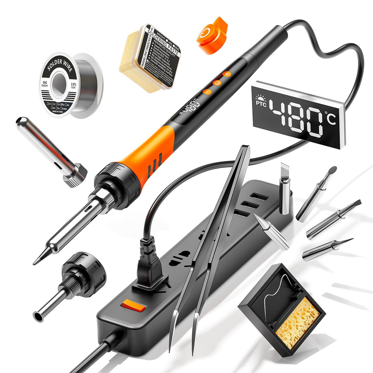 90W 110V LCD Soldering Iron, Soldering Iron Kit, 10-in-1 Soldering gun Tool, 5 Soldering Iron Tips, Solder Wire, Solder Paste, Adjustable Temperature Range 180-480°C MEAKEST
