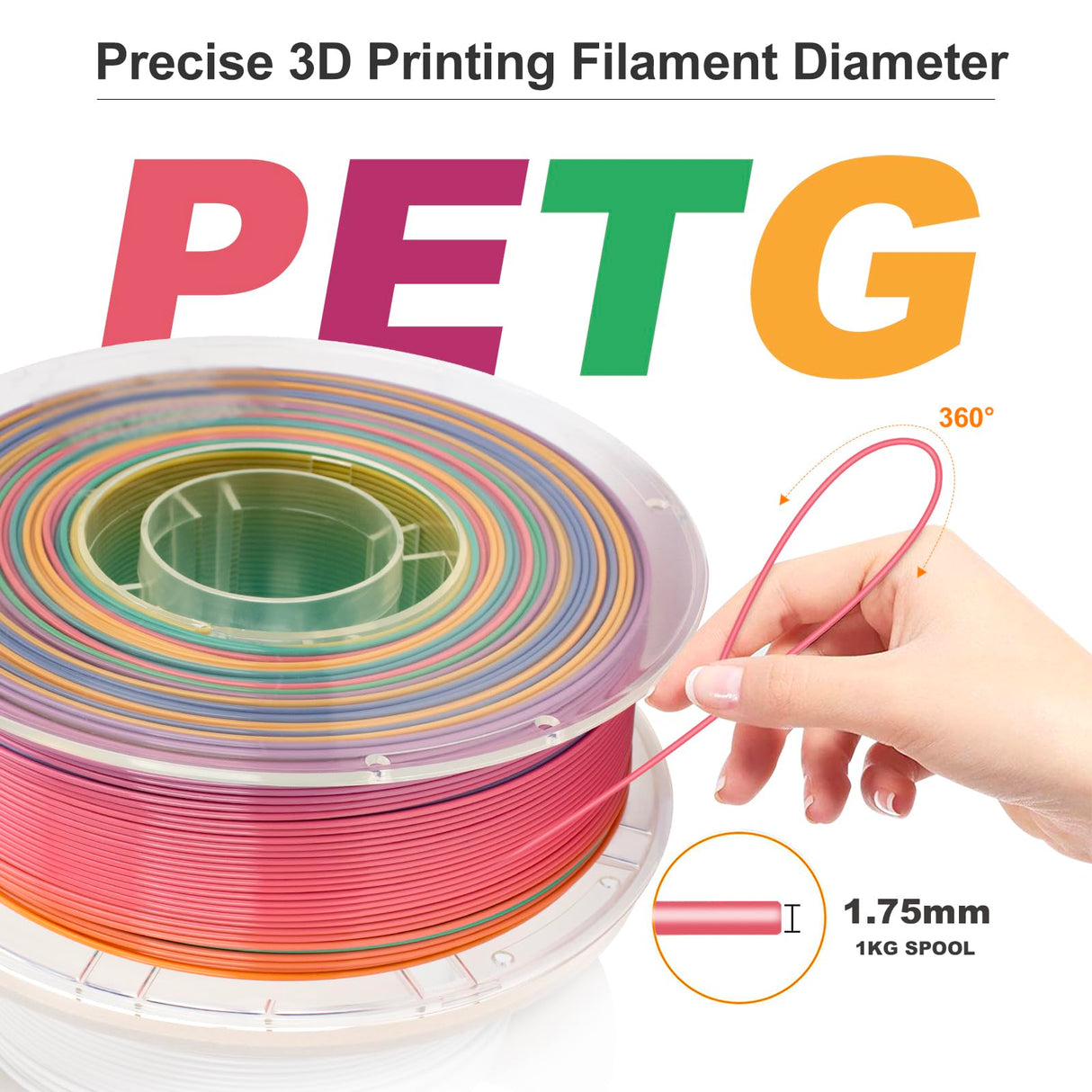 JAREES Rainbow 3D Printing Filaments PETG Candy Multicolor Gradient Filament 1.75mm, Green-Purple-Pink-Yellow PETG 3D Printer Filament, 1kg 330 Meters JAREES