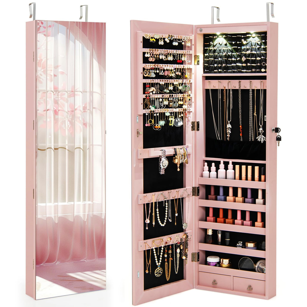 Giantex Wall Door Mounted Jewelry Armoire Cabinet with 47.5" H Full Length Mirror, 2 LEDs Lockable Jewelry Organizer Box with Bracelet Rod, 2 Drawers, Large Storage Capacity (Light Pink) Giantex