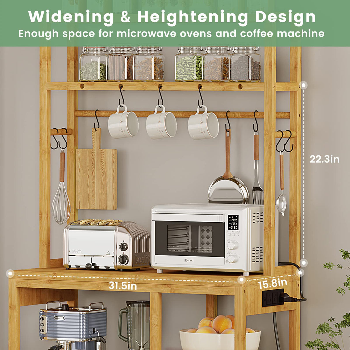 FORABAMB 8-Tier Bamboo Bakers Rack with Power Outlets and S-Shaped Hooks FORABAMB