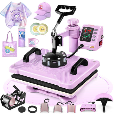 Heat Press Machine for Tshirts, 8 in 1 Heat Transfer Machine, 12" X 15" Heat Printing Press for Sublimation Combo with 360 Degree Rotation Swing Away for T-Shirt Hat Cap Mug Plate, Pink Purple