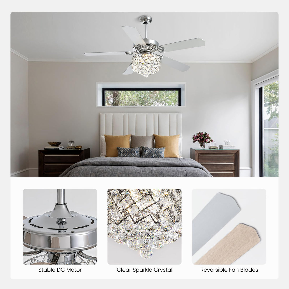 CROSSIO 52" Crystal Ceiling Fan with Light Dimmable LED Chandelier Ceiling Fan Modern Reversible Ceiling Fan Light Fixture with Remote for Bedroom Dining Room Living Room Chrome CROSSIO