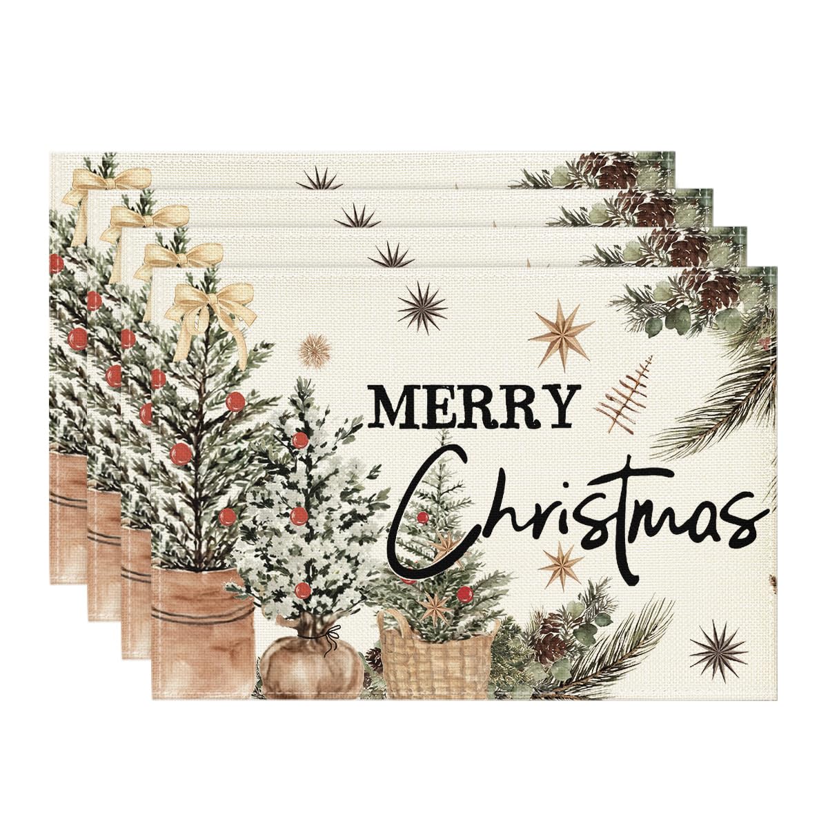 Artoid Mode Xmas Trees Holly Pine Cone Merry Christmas Placemats Set of 4, 12x18 Inch Seasonal Winter Holiday Table Mats for Party Kitchen Dining Decoration Artoid Mode