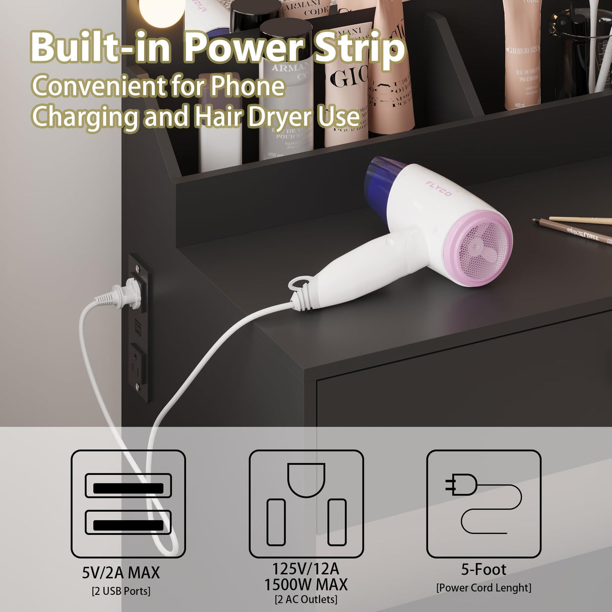 BORNOON Small Vanity Desk with Mirror and Lights, Makeup Vanity Desk with Adjustable Brightness 3 Light Modes, RGB Storage Cabinet, Power Outlet, Drawer, Shelves, Vanity Table for Women Girls Bedroom BORNOON