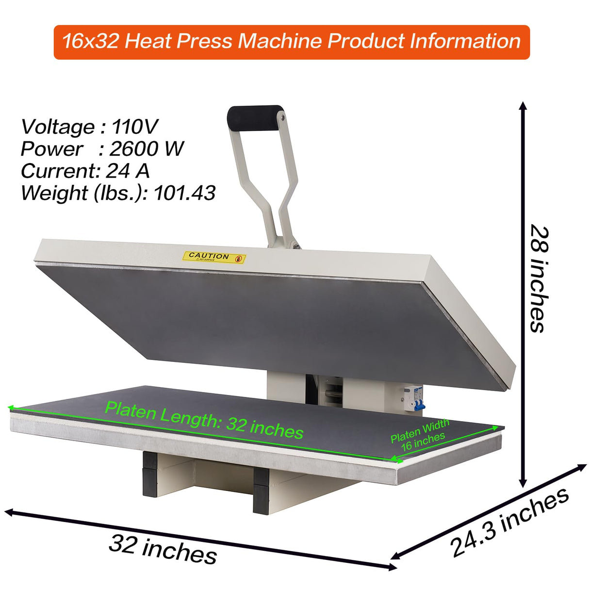 WUMSTOT 16x32 Heat Press Machine: with Digital Control, 110V, 2600W Manual Clamshell Heat Press for T-Shirts, Vinyl, and More WUMSTOT