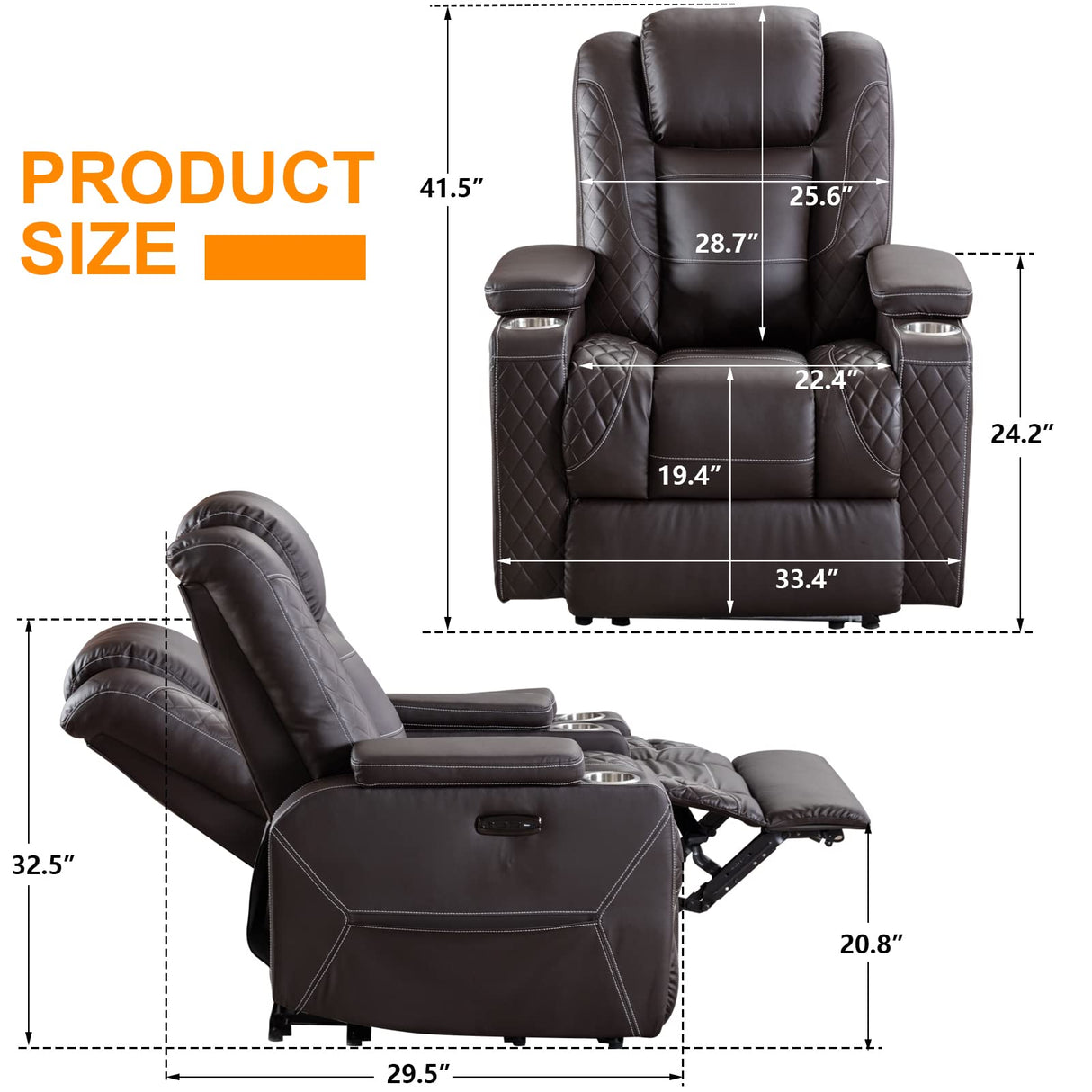 Houjud Power Recliner Chair, Home Theater Seating Soft Leather Electric Recliner Movie Chair for Living Room with Adjustable Headrest, LED Lighting, Hidden Arm Storage, Cup Holder (Brown) Houjud