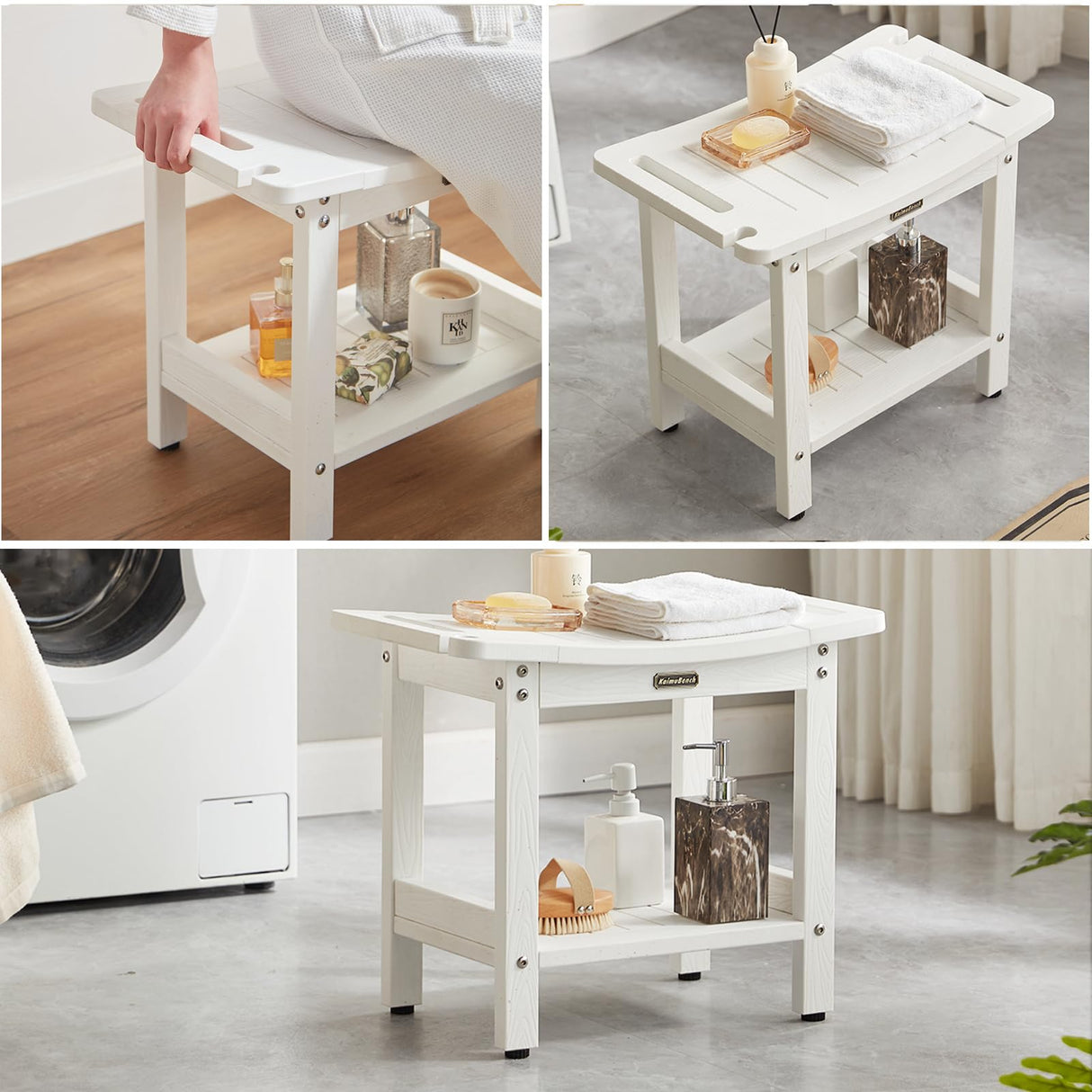 Waterproof Shower Bench, White Poly Shower Stool for Shaving Legs, Shower Chair Seat with Handles & Shower Head Holder, Plastic Bathroom Bench with Adjustable Feet for Inside Shower, Non-Slip KaimuBench