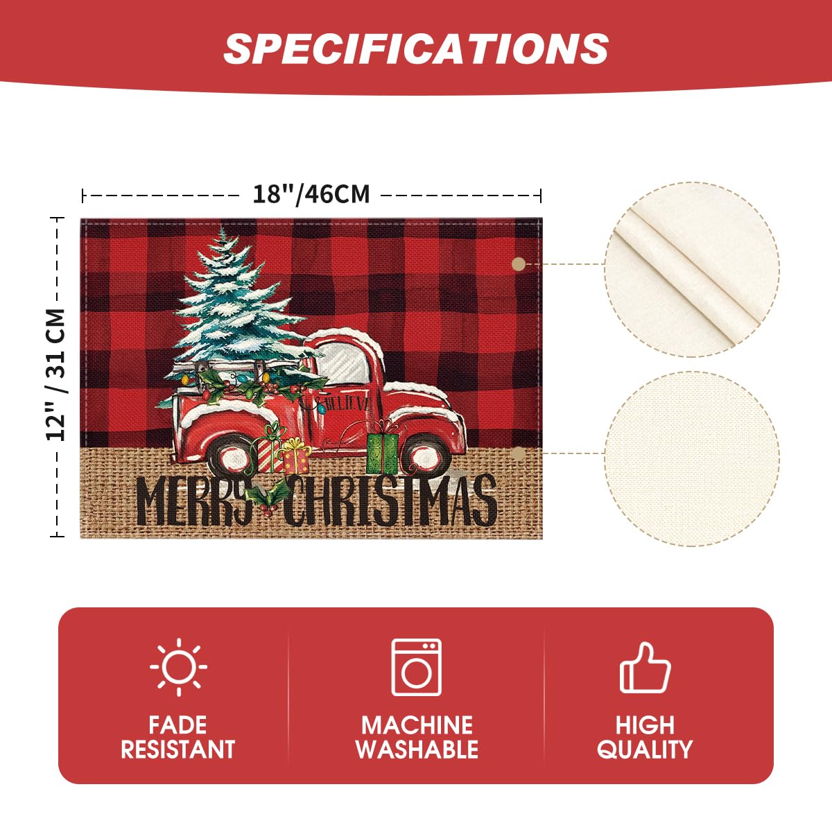 Artoid Mode Red and Black Buffalo Plaid Truck Merry Christmas Placemats Set of 4, 12x18 Inch Xmas Tree Winter Table Mats for Party Kitchen Dining Decoration Artoid Mode