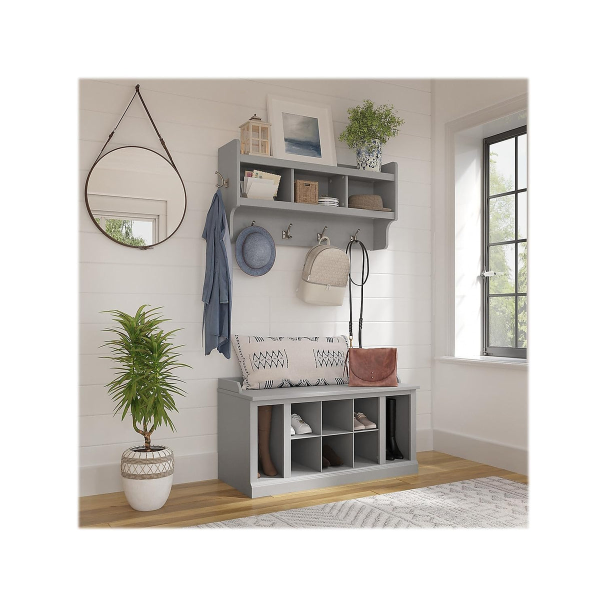 kathy ireland Home by Bush Furniture Woodland 21-Inch Shoe Storage Bench and Coat Rack, 12 Shelves, Cape Cod Gray (WDL004CG) Bush Business Furniture