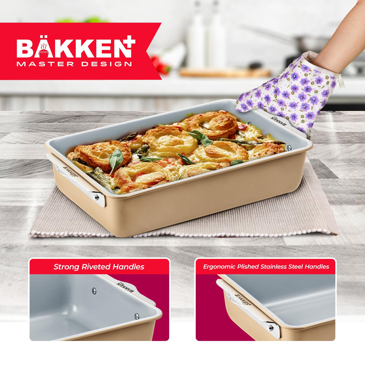 Bakken 8-Piece Stackable Bakeware Set – Ceramic Non-Stick, Oven-Safe Baking Sheets & Pans, PTFE/PFOA/PFOS-Free, Ergonomic Handles, Includes Cooling Rack – Healthy, Non-Toxic Baking Essentials BAKKENMASTER