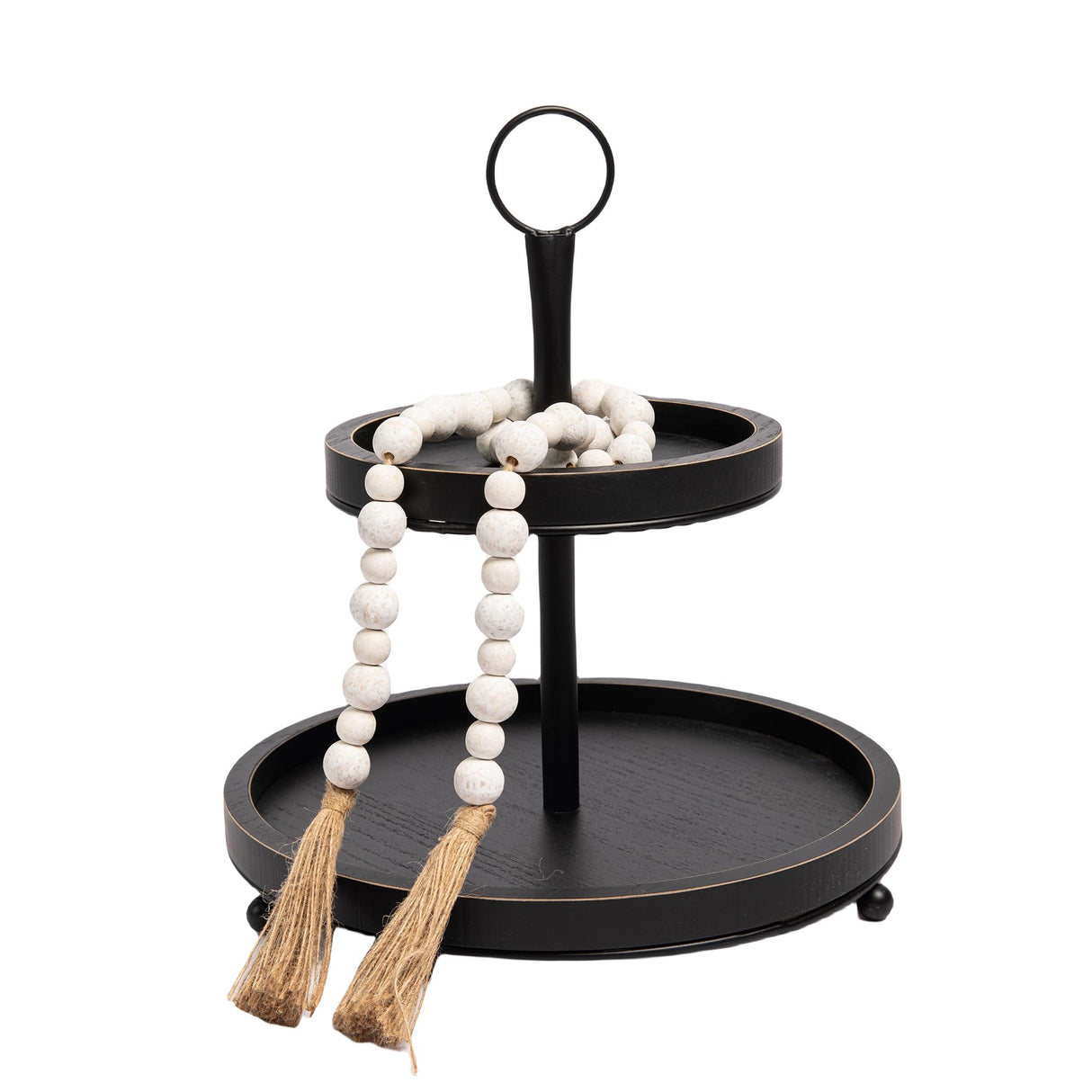 GENMOUS Black Farmhouse Tiered Tray Decor with Distressed Wood Bead Garlands, Wooden Tiered Tray Stand for Seasonal Display, Decorative 2 Tiered Serving Tray with Metal Handle for Rustic Home Décor GENMOUS & CO.