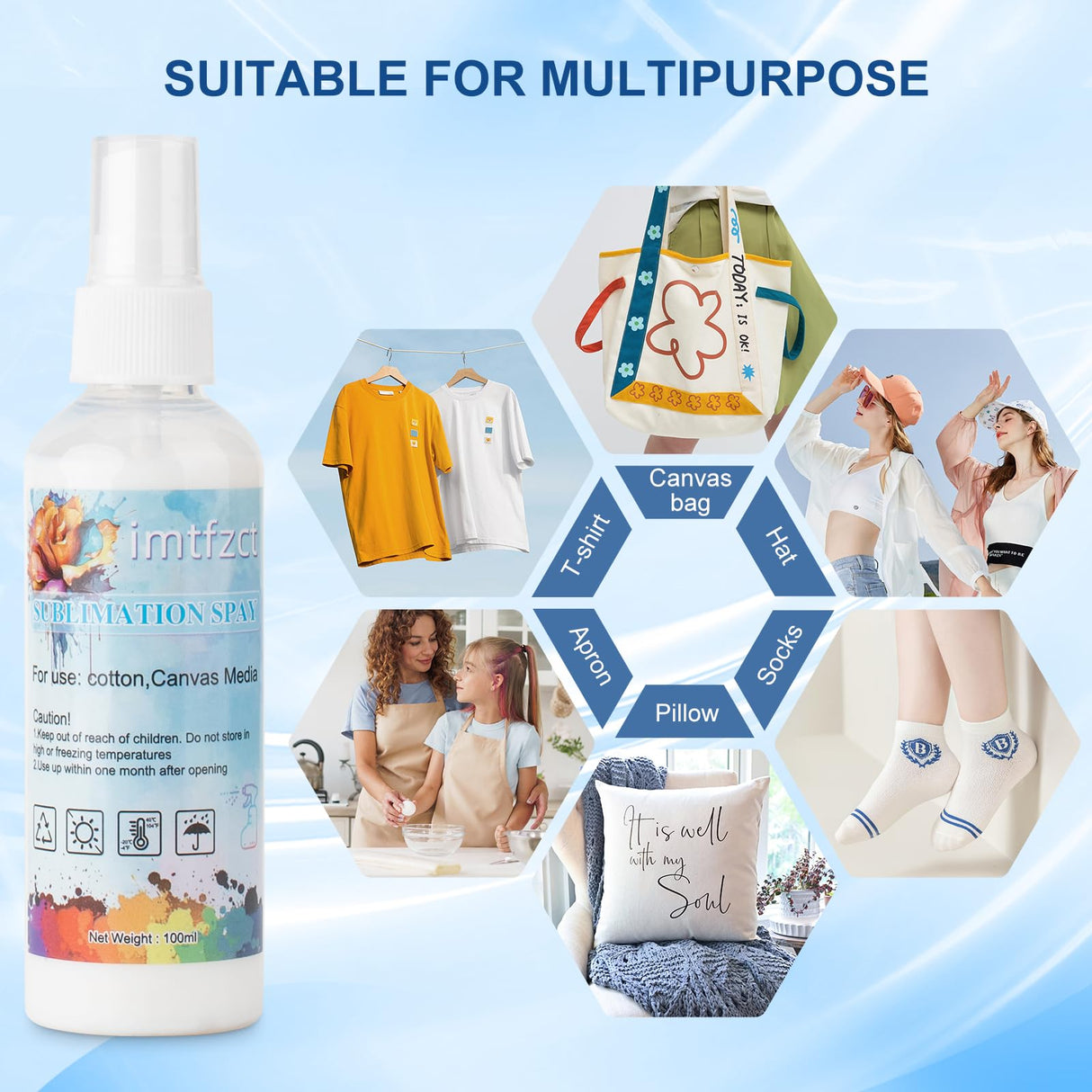 100ML Sublimation Spray for Cotton Shirts, Sublimation Coating Spray Apply All Fabric,T-Shirts, Canva, Pillow,Sublimation Spray Quick Dry & High Gloss, Super Adhesion, Waterproof imtfzct