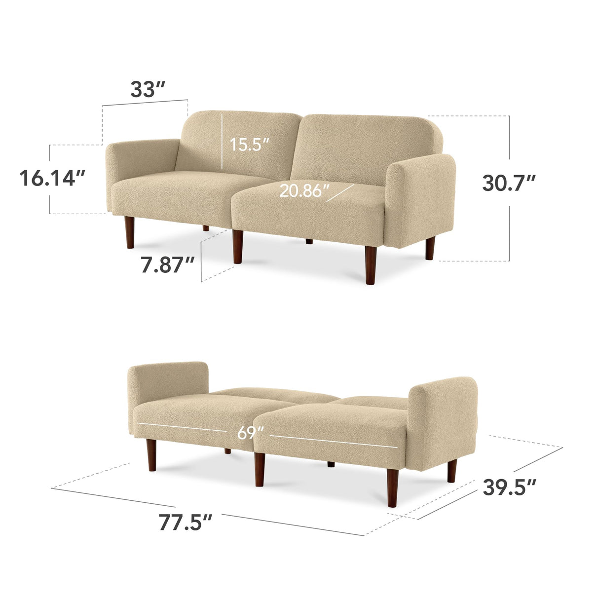 Best Choice Products 77" Mid Century Modern Boucle Loveseat Sofa, Couch, Convertible Sofa Sleeper Bed w/Real Wood, Removable Armrest - Oatmeal Best Choice Products