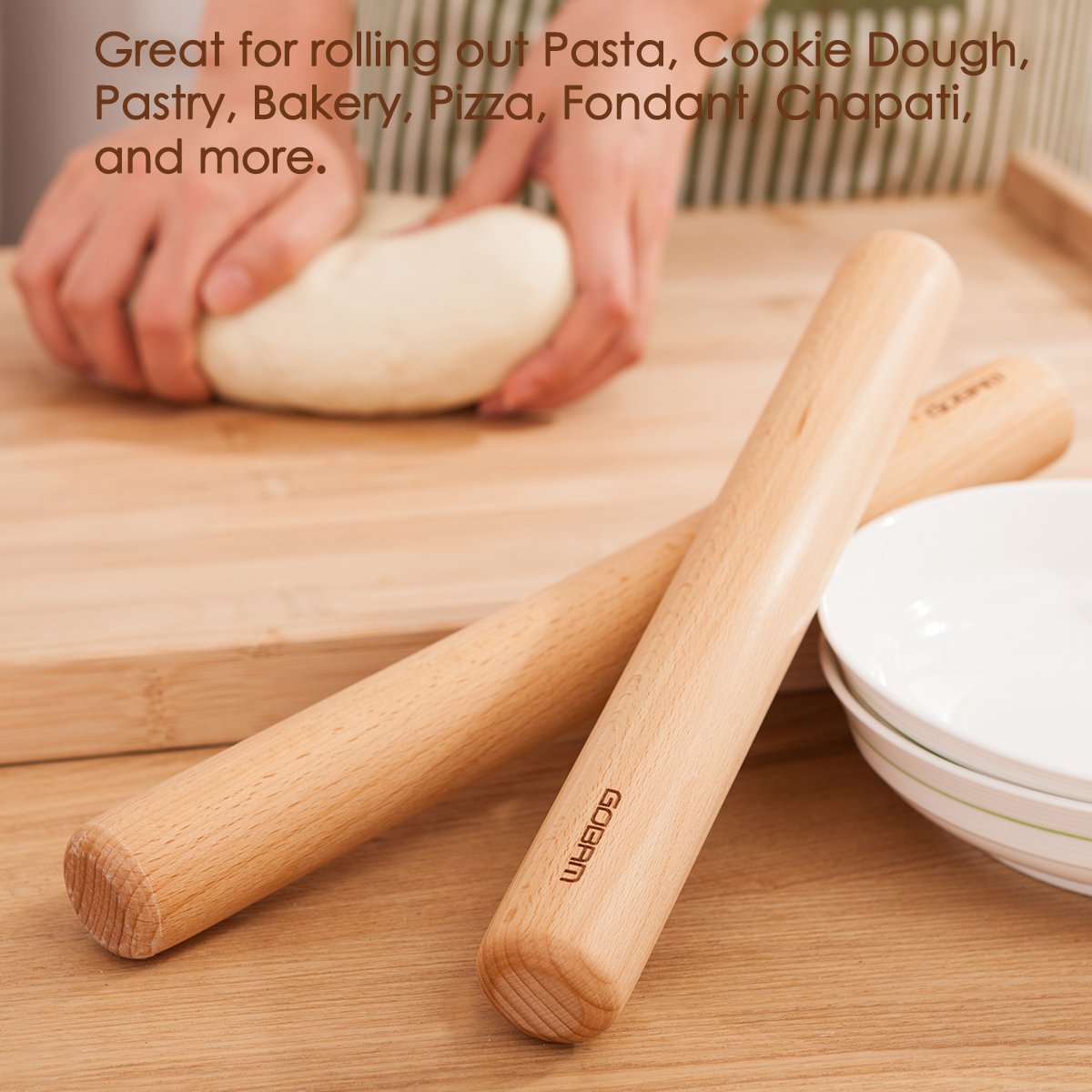GOBAM Wood Rolling Pin, Small - Dough Roller for Pasta, Cookies, Pie, Pizza, Chapati, Fondant, Rolling Pins for Baking, Bread Making Tools and Supplies - 11 x 1.38 Inches GOBAM