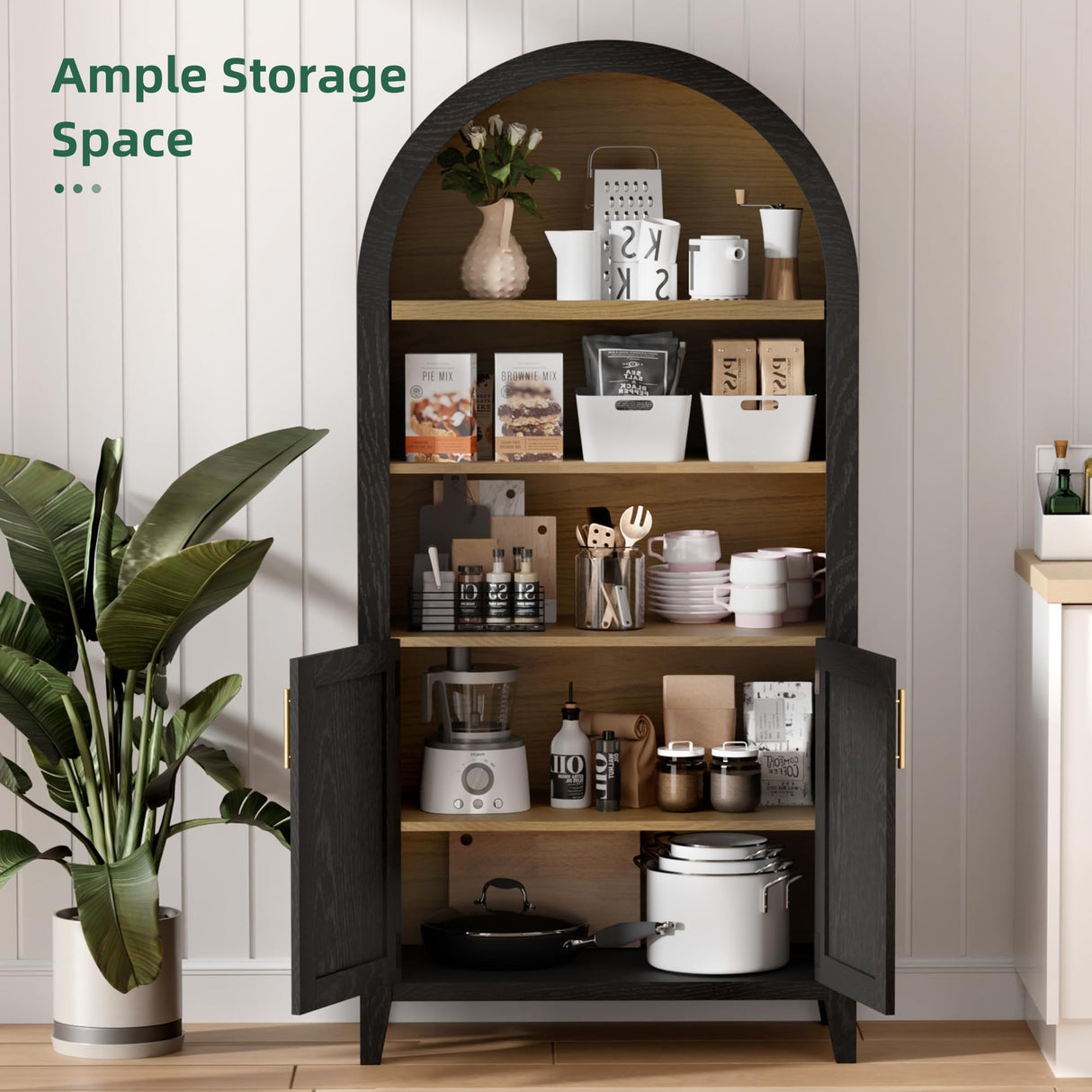 infurnic Arched Storage Cabinet with Beech Wood Door, 5-Tier Display Cabinet, Farmhouse Buffet Cabinet with Storage – Perfect for Dining Room, Living Room, Kitchen, or Home Office infurnic