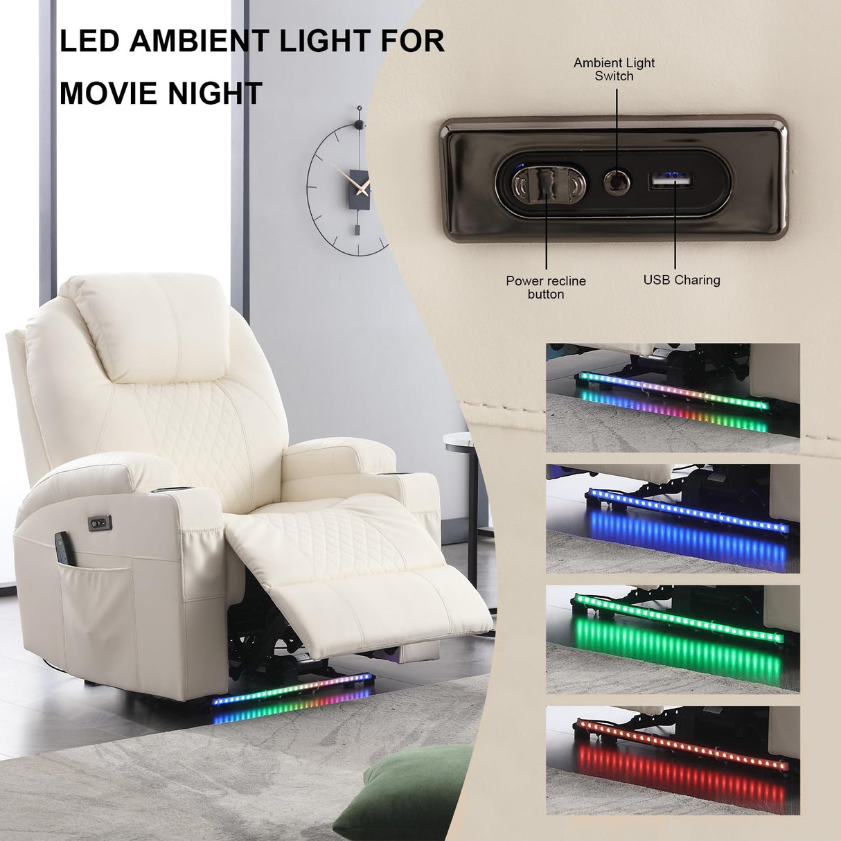 AHMED Power Recliner Chair, Home Theater Seating with LED Ambient Lighting, PU Leather Lazy Sofa Heat Massage Chair with Cup Holders/Side Pockets/USB Ports for Living Room (Beige, Single) AHMED