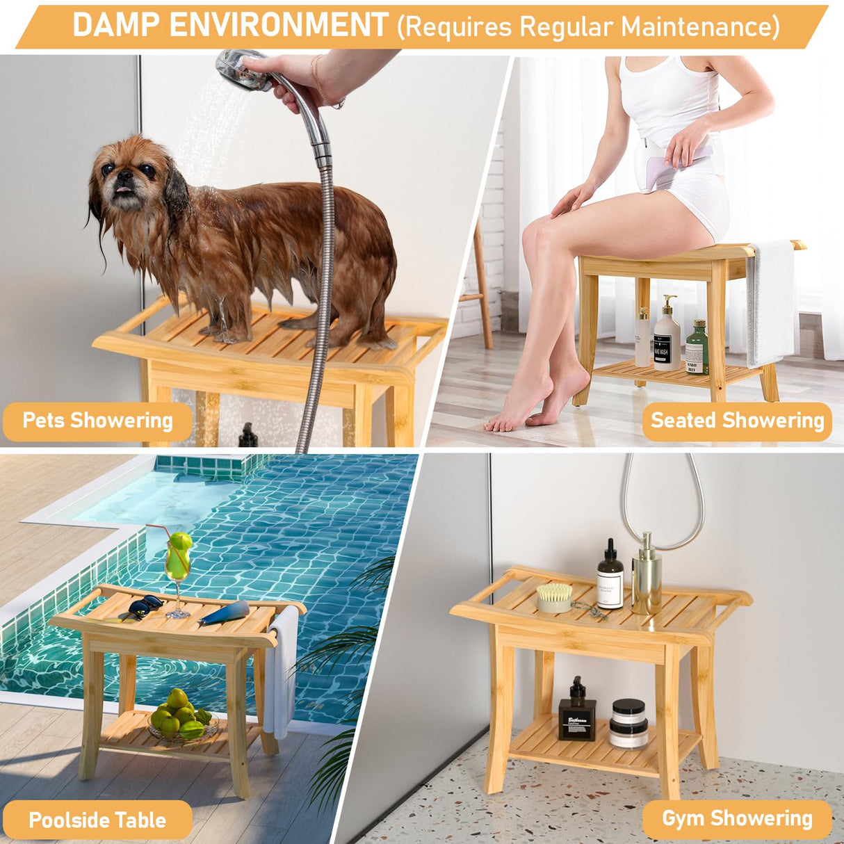 Zhuoyue Bamboo Spa Bath Shower Stool & Bench with Storage Shelf, Shower Bath Seats for Adults Seniors Women Elderly Tileable Zhuoyue