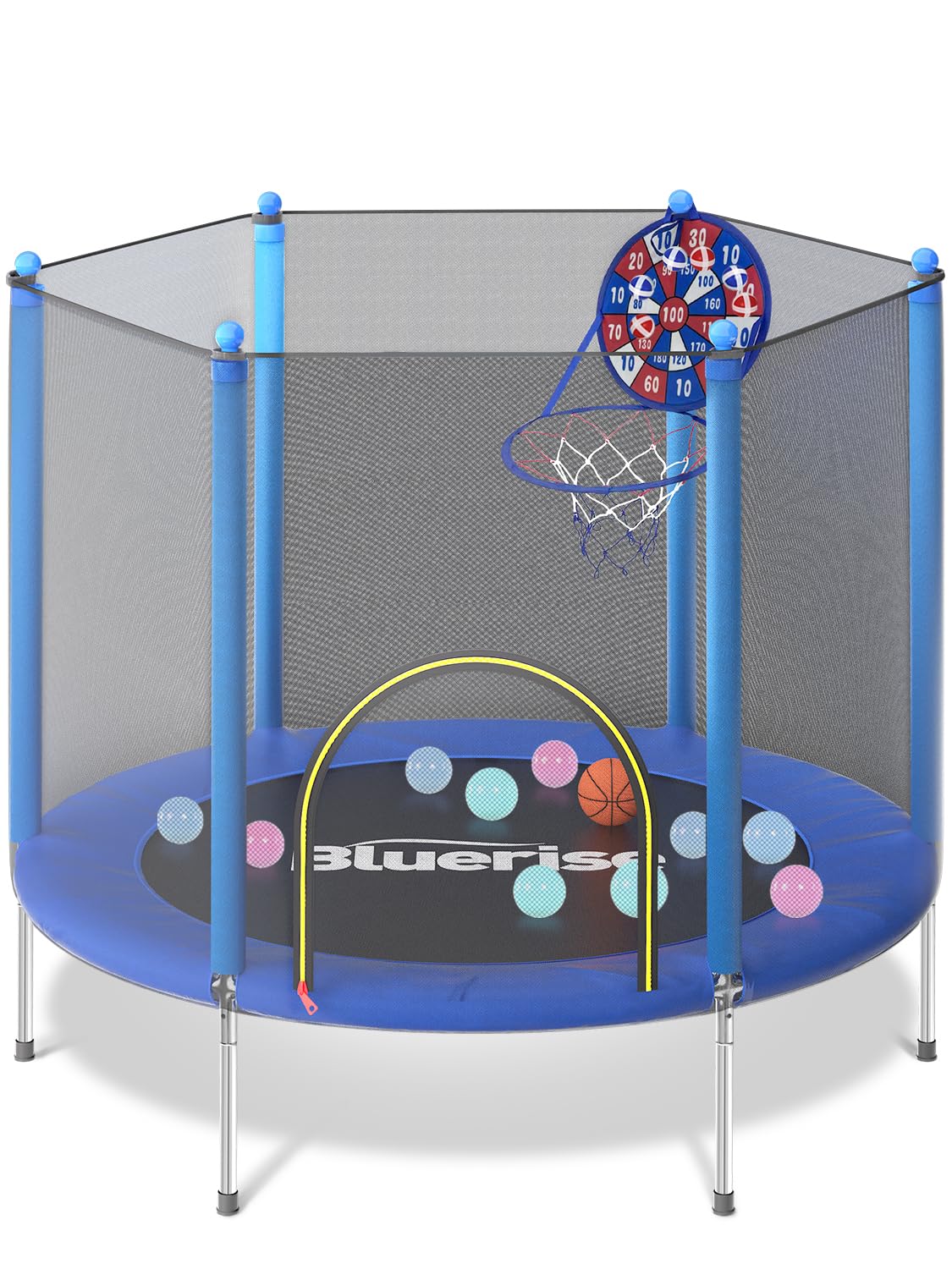 BLUERISE 55IN Toddler Trampoline for Kids Indoor Play for Kids Basketball Hoop Attachment with Enclosure Net Easy to Assemble Recreational Trampoline BLUERISE
