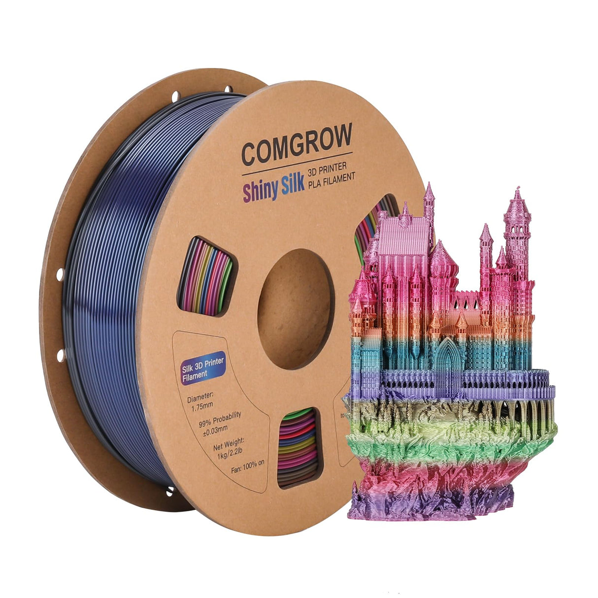 Comgrow Rainbow Colors Silk PLA 3D Printer Filament, Rainbow PLA Filament 1.75mm, Dimensional Accuracy +/- 0.02 mm, 1KG Spool, Coextrusion 3D Filament with Shiny Silk Rainbow Red Comgrow