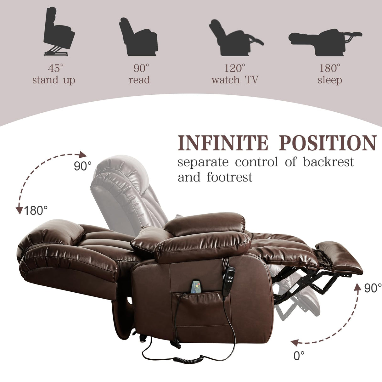 Infinite Position Lay Flat Lift Recliner Chair for Adults, Dual Motor Power Lift Chair for Elderly with Massage & Heating, Extended Footrest, USB Ports, Remote Control & Lumbar Pillow, Leather (Brown) RESTREAL