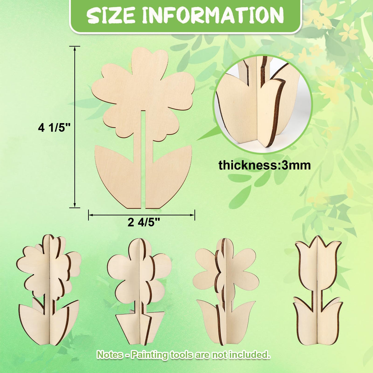 COCHIE DIY 3D Flower Spring Wood Crafts to Paint for Kids Adults, Paintable Unfinished Wooden Slices for Craft, Flowers Cutouts Ornaments for Painting Decorations (24 PCS) COCHIE