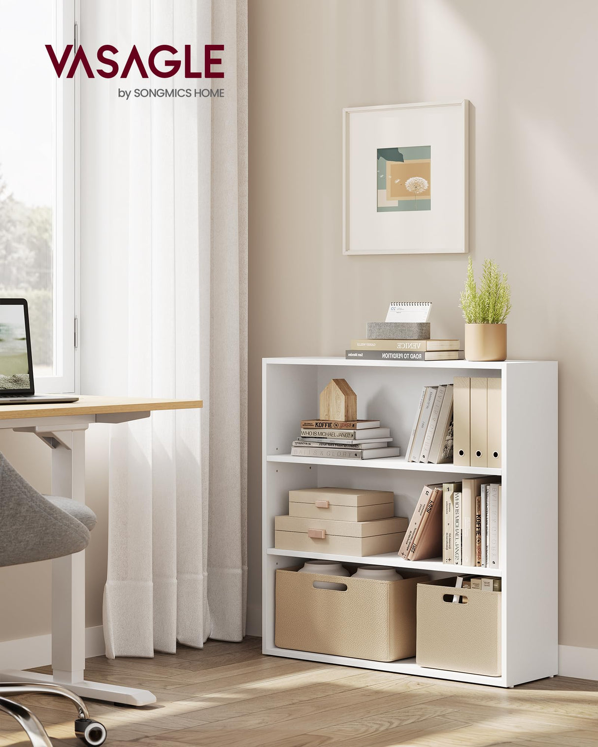 VASAGLE Custos Collection - Bookshelf, 3-Tier Bookcase, Book Shelf, Open Storage Shelf, 9.4 x 31.5 x 32 Inches, for Living Room, Home Office, Dinning Room, Cloud White ULBC173T14 VASAGLE