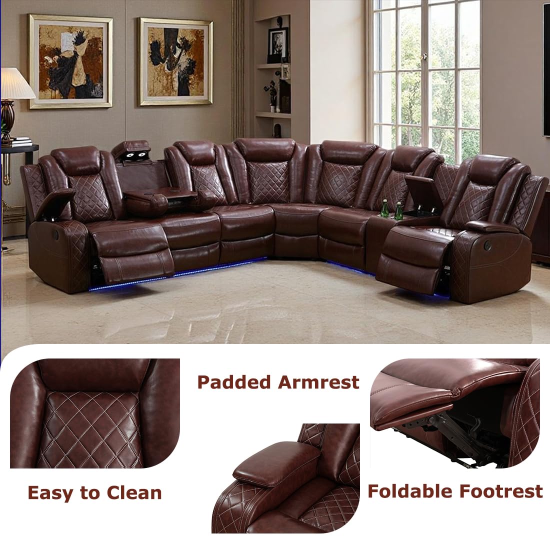 Toseslo Living Room Furniture Sets, Power Reclining Sofa Set, Brown Leather 2 Recliner Sectional with LED Light,Modern Power Recliner Sofa Sets with Cup Holder/Storage Console for Living Room Toseslo