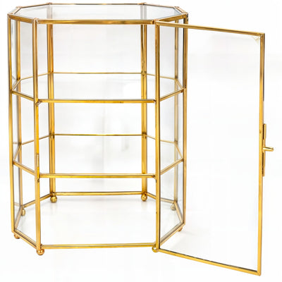 BuleVina Glass Jewelry Display Case 6.7x4x8.4 inches Small Cabinet, 3-Tier Geometric Box Keepsake Trinket for Rings, Earrings, Crystals, Makeup Organizer, Multifunction Table Decoration Storage