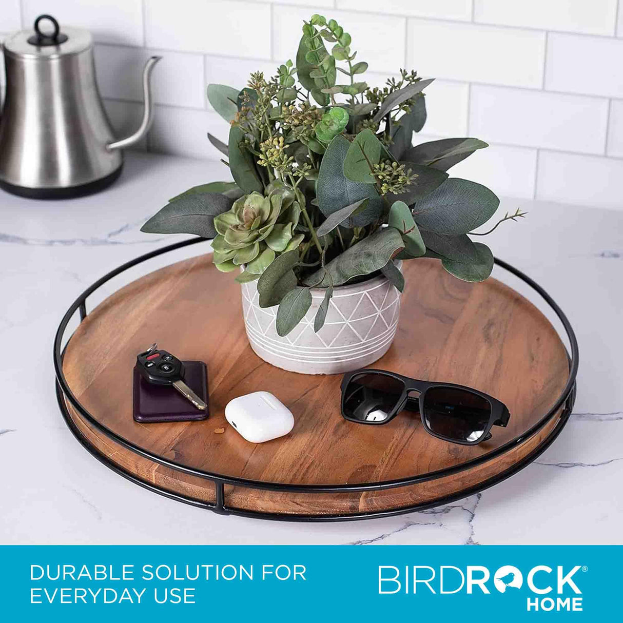 BIRDROCK HOME Wooden Lazy Susan Turntable - Countertop, Cabinet, and Table Organizer, Smooth Rotating Spice Rack, Iron-Edged Tray for Kitchen, Pantry and Dining, Rustic Wood Decor - Espresso, 18" BIRDROCK HOME