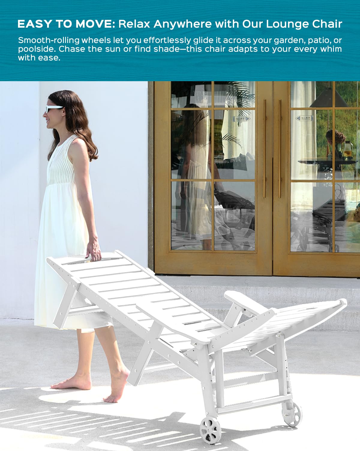 Lounge Chair Outdoor, Oversized Chaise Lounge Chair with 5 Positions, HDPE, Patio Lounge Chair with Wheels & Cup Holder for Pool, Deck, Poolside, White Ciokea