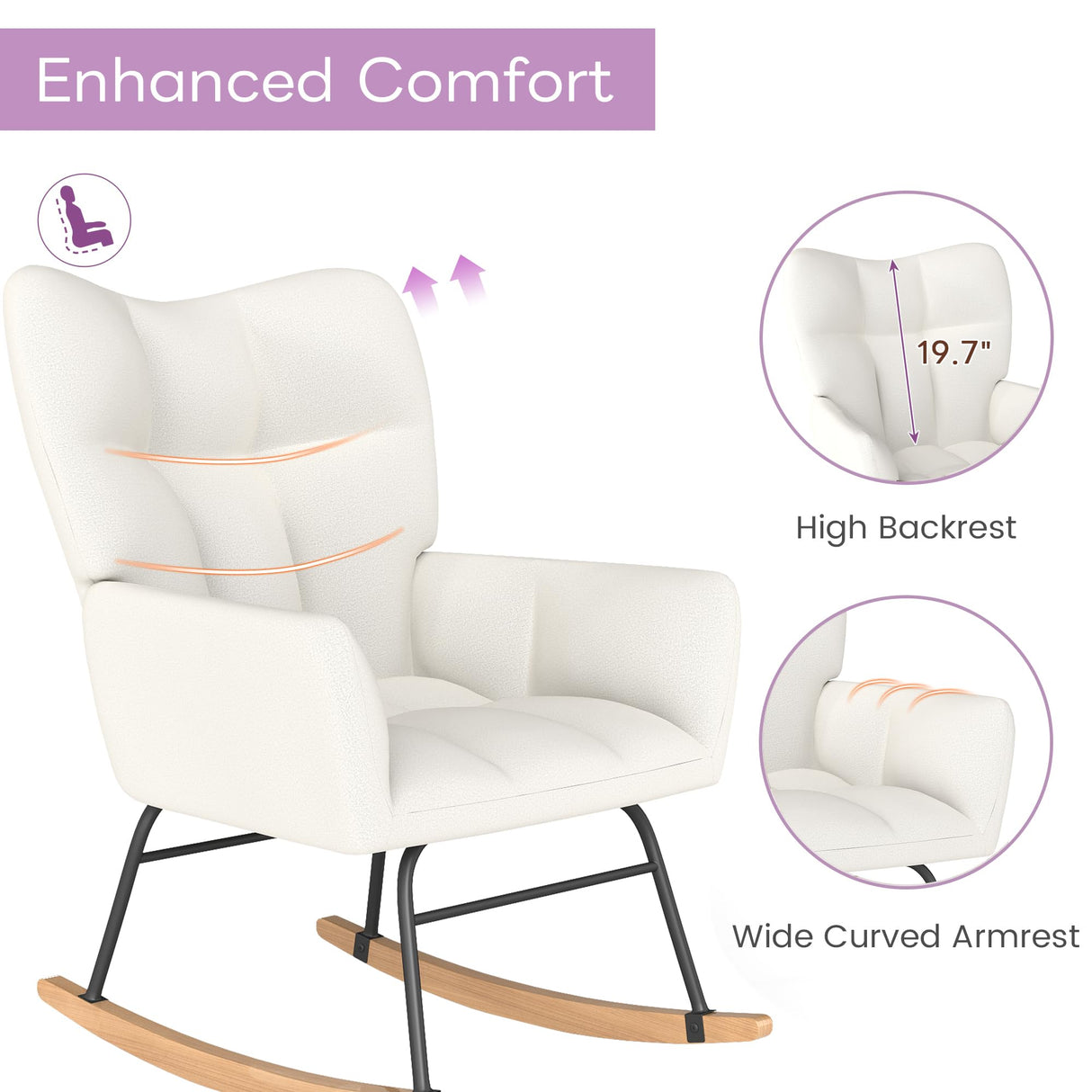 Murago Rocking Chair Nursery, Nursery Rocking Chairs, Baby Rocker, Glider Rocker, Safety Anti Tip Design, 440 Lb. Capacity, Cotton Fabric Cover, White Murago