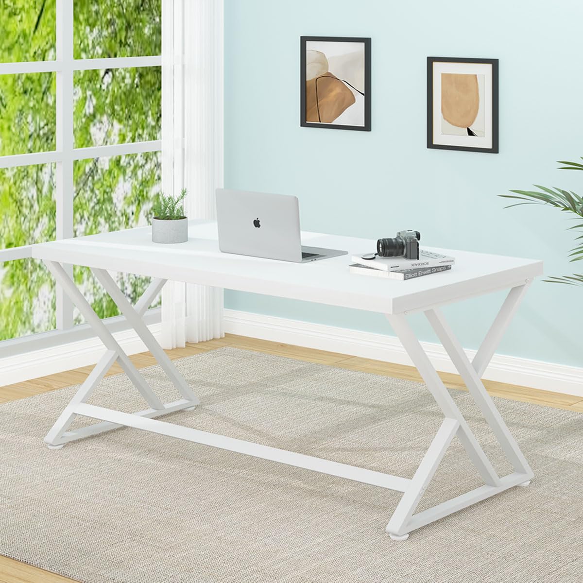 LVB Modern White Computer Desk, Long Industrial Home Office Desk for Student, Large Metal Wood Writing Study Work Desk, Farmhouse Executive Gaming Computer Table for Bedroom Living Room, White, 60 in LVB