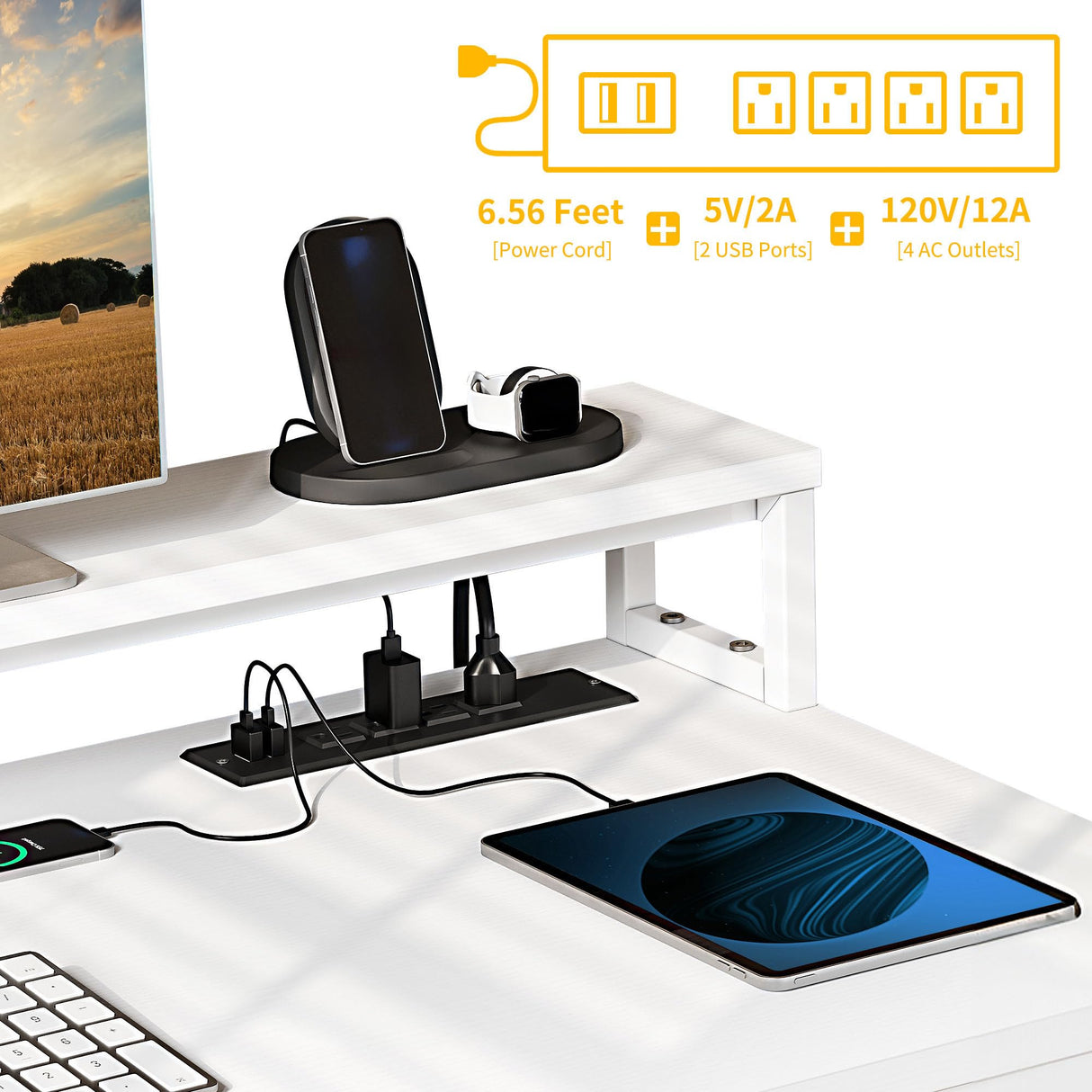 DWVO L Shaped Desk with Drawers, 55" Corner Computer Desk with Power Outlets & LED Lights, Home Office Desk with File Cabinet, White DWVO