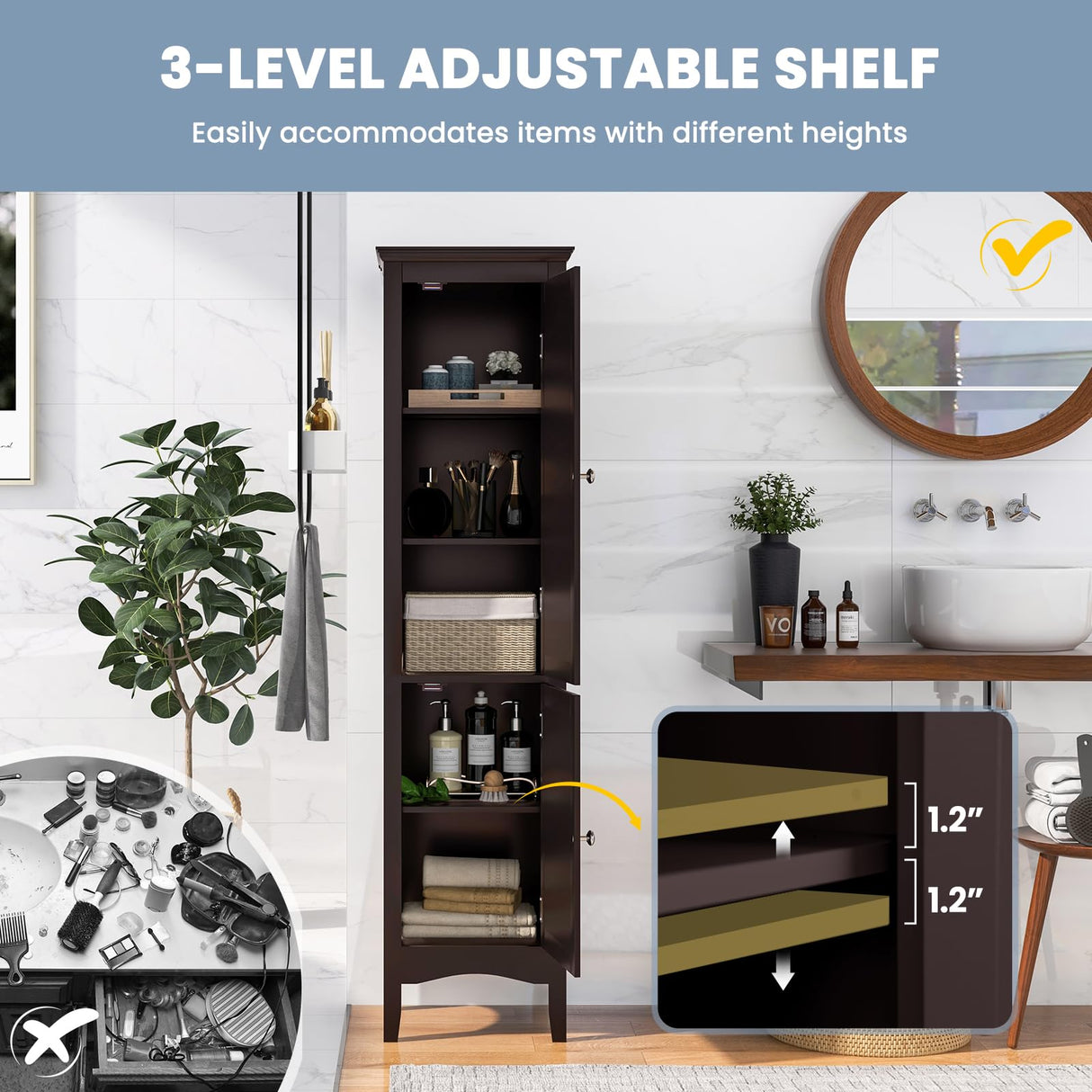 Tangkula 63" Freestanding Slim Bathroom Storage Cabinet with Adjustable Shelf and Elegant Louvered Doors Tangkula