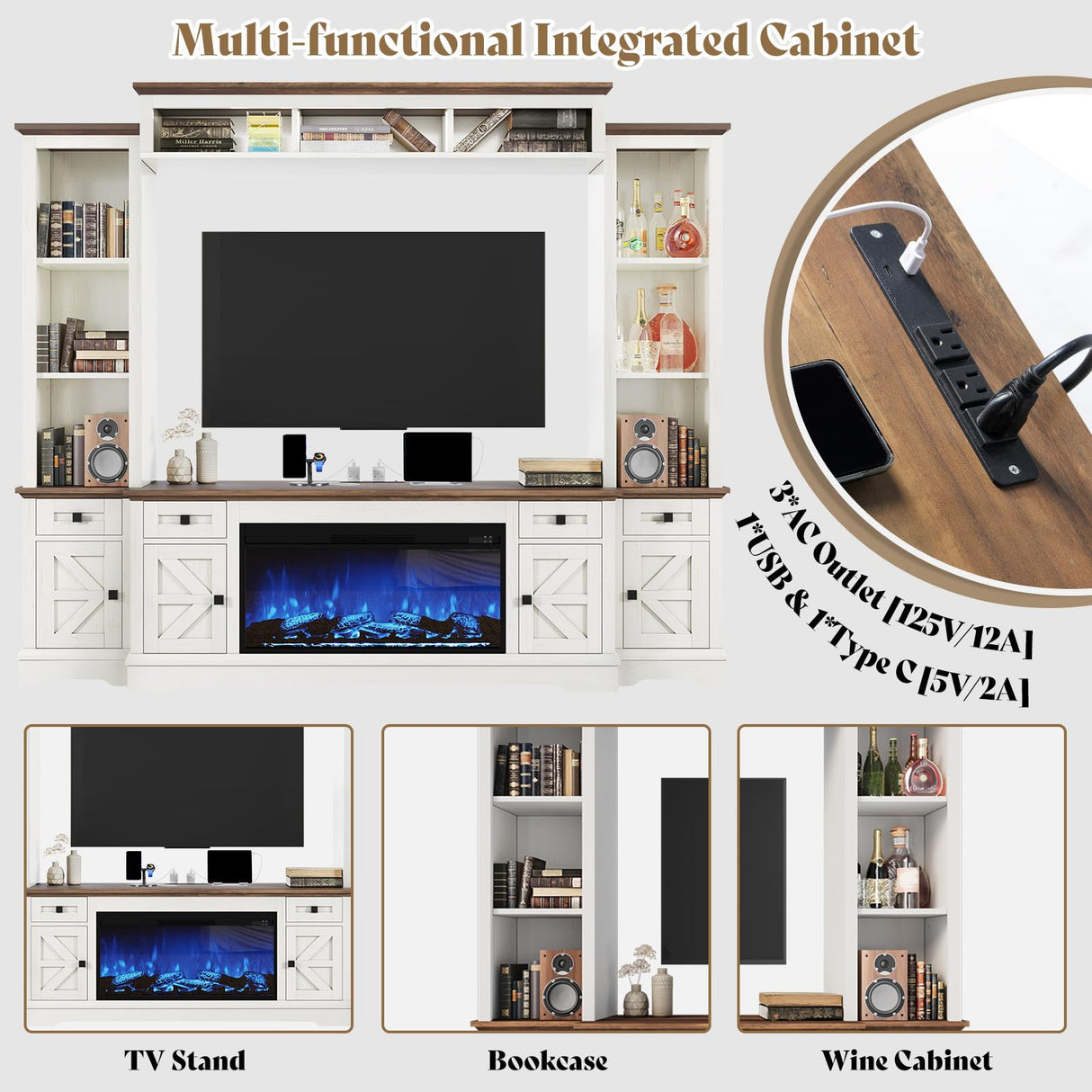 AMERLIFE 98in Farmhouse Entertainment Center with 36" Fireplace, TV Stand, Bookshelf, Wine Cabinet, Fits 78" TVs, Wall Unit Media Console with Power Outlets & Barn Doors, Living Room, Distressed White AMERLIFE