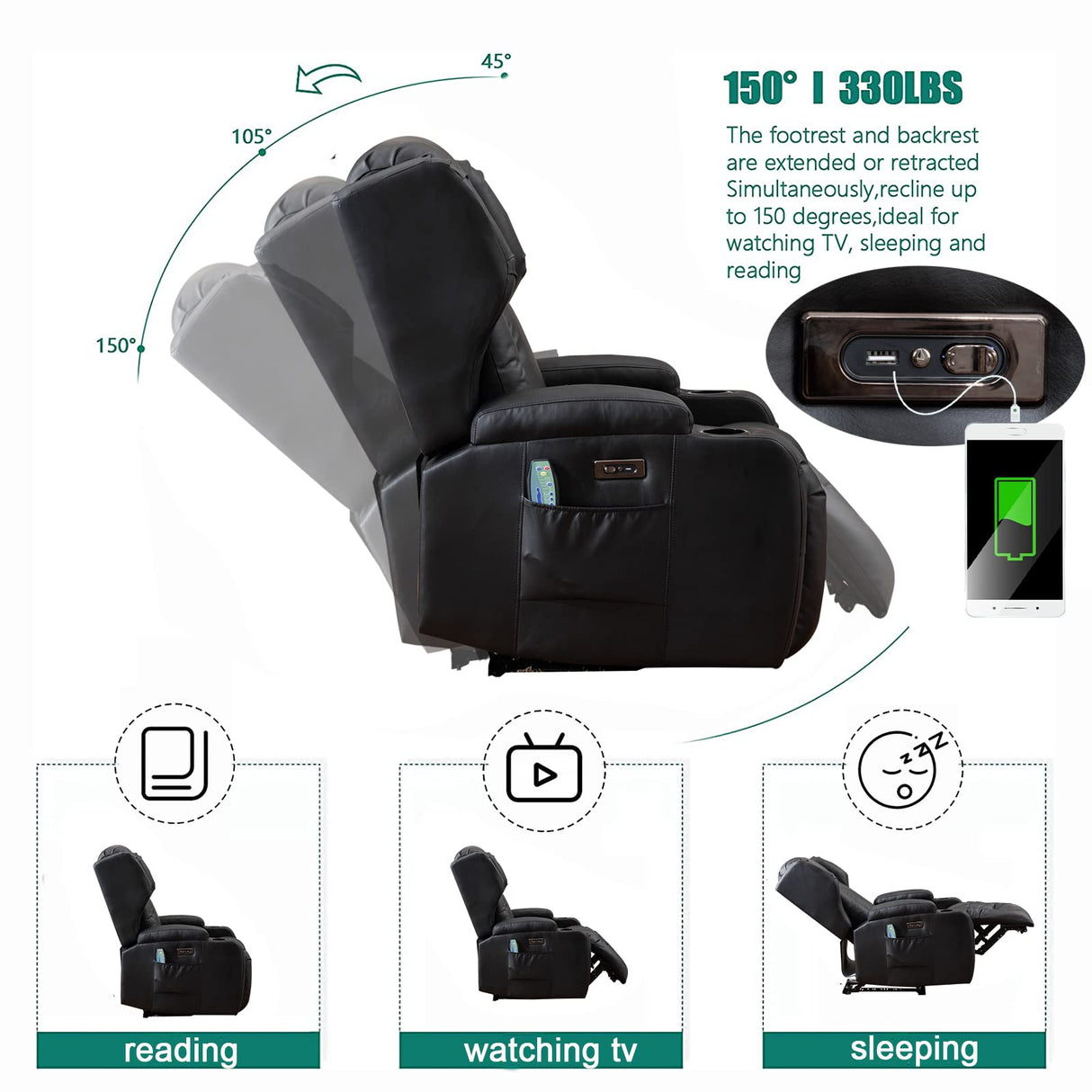 SAMERY Power Recliner Chair with Massage & Heating, Comfy Sleeper Chair Sofa Electric Recliners Home Theater Seat for Living Room with Cup Holders/USB Ports/LED Light/Lumbar Pillow/Remote Control SAMERY