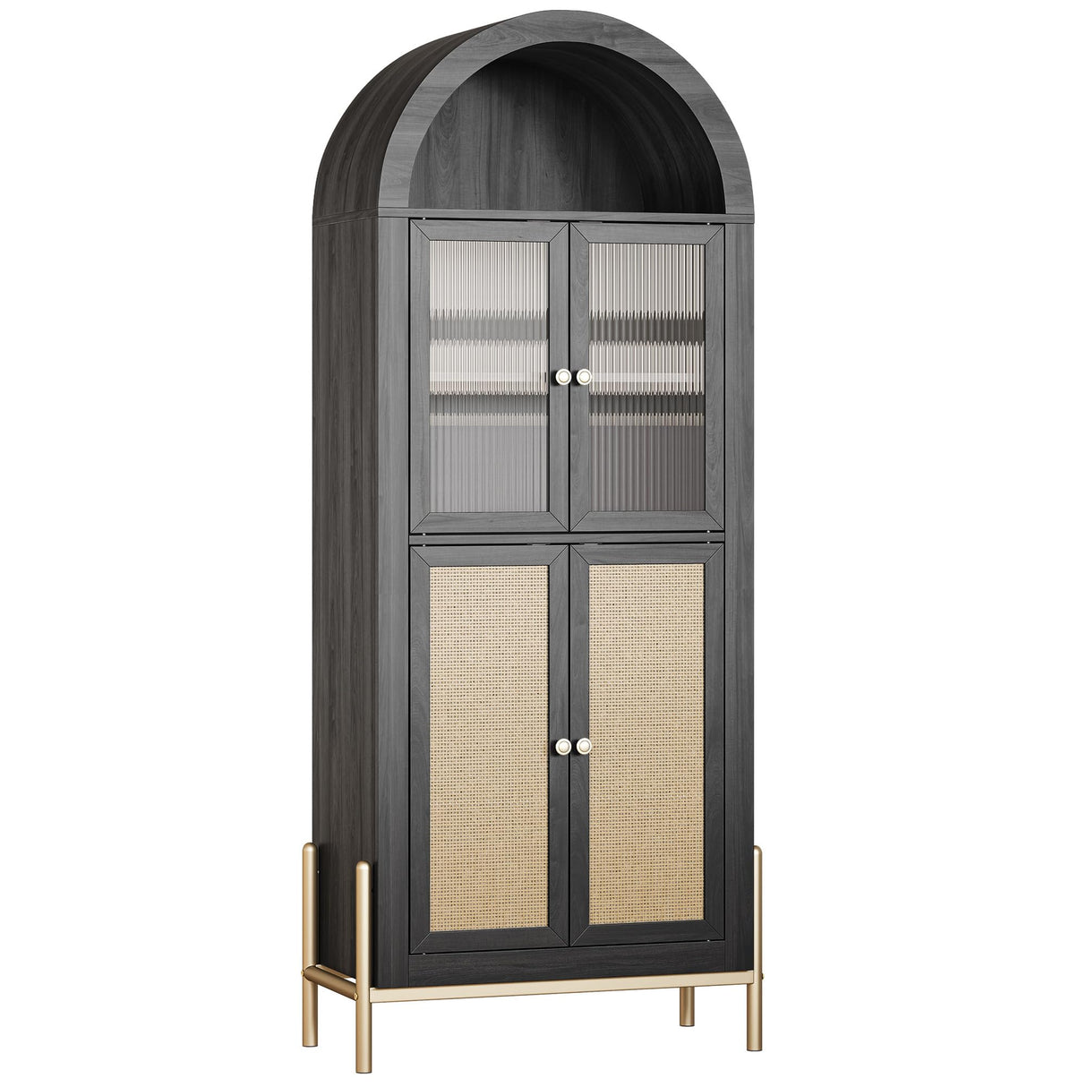 BELLEZE Modern Arched Kitchen Pantry, 5-Tier Wood Decorative Storage Cabinet with Reeded Glass Door and Adjustable Shelves, Freestanding Accent Display Cabinet for Home Living Room, Black BELLEZE