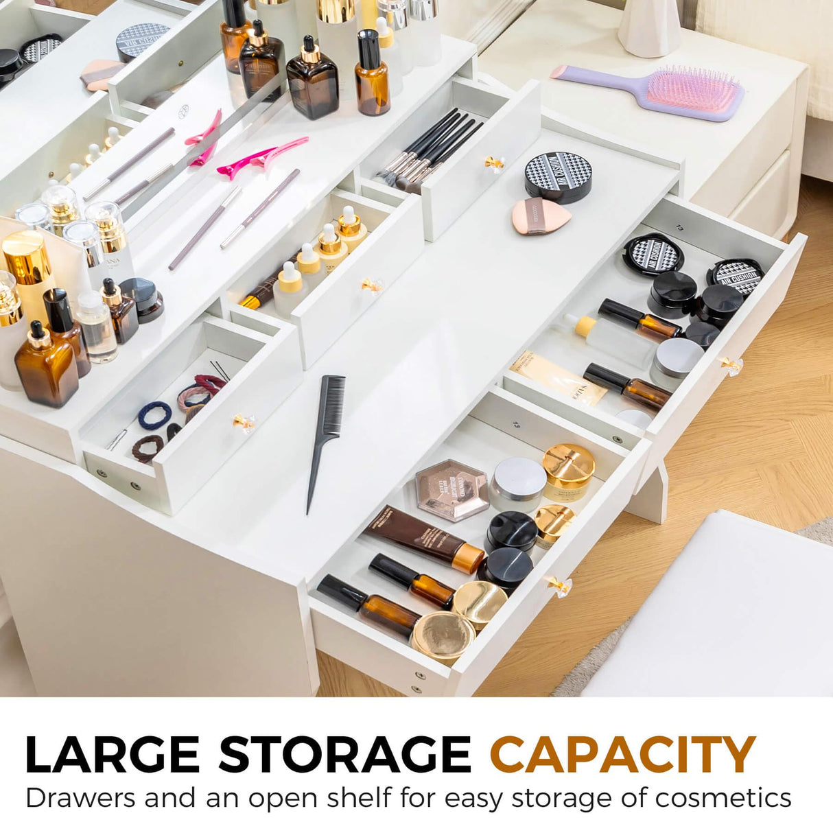 COMHOMA Makeup Vanity Desk with Mirror and Lights, Vanity Table and Chair Set with 5 Drawers and Charging Station, Bedroom Dresser LED Mirror Stepless Dimmable & 3 Color Modes Adjustable, White COMHOMA