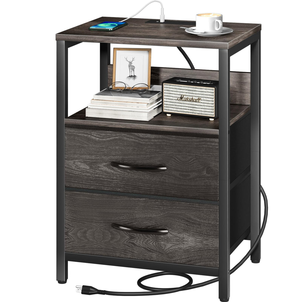 Yoobure Nightstand with Charging Station, Small Night Stand with Fabric Drawers and Storage Shelf for Bedrooms, Nightstands for Small Spaces, Bedside Table with USB Ports & Outlets, Bed Side Table Yoobure