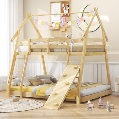 Costzon Twin Over Queen Bunk Bed, House Shaped Bed Frame with Climbing Nets and Ramp, Safety Guardrail, No Box Spring Needed, Wooden Kids Bed for Boys Girls (Natural, Twin Over Queen)