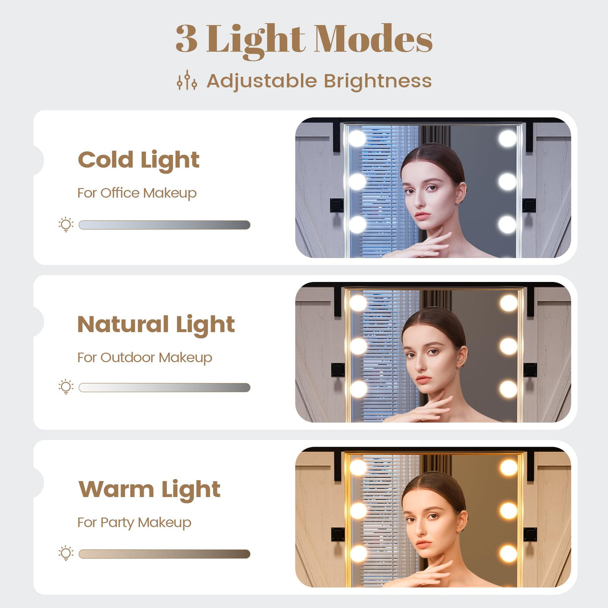 AOGLLATI Makeup Vanity with Lights & Barn Doors, Vanity Desk with Mirror and Lights & Charging Station, Farmhouse White Vanity Table with Jewelry Hooks and Open Storage Shelves AOGLLATI